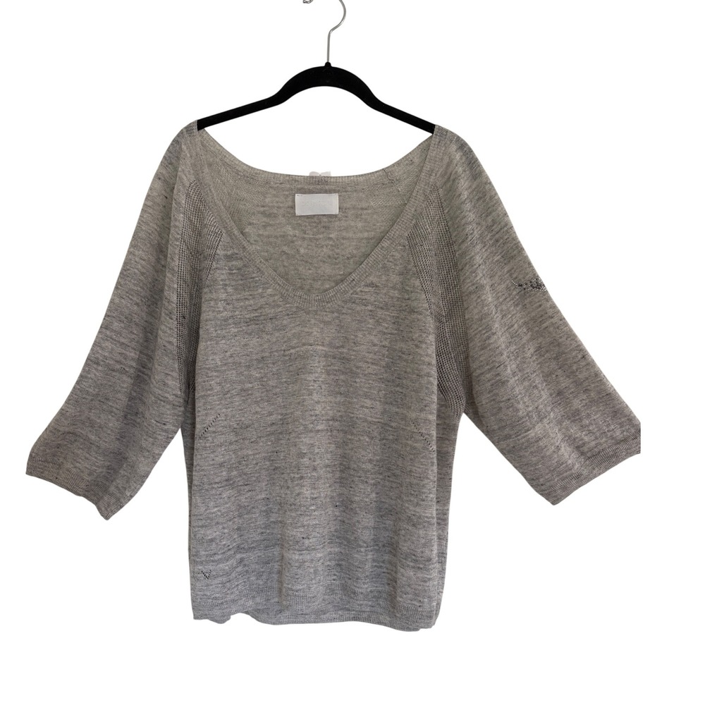Zadig & Voltaire Gray V-Neck 100% Linen Sweater Rhinestone Pointelle  3/4 Sleeve